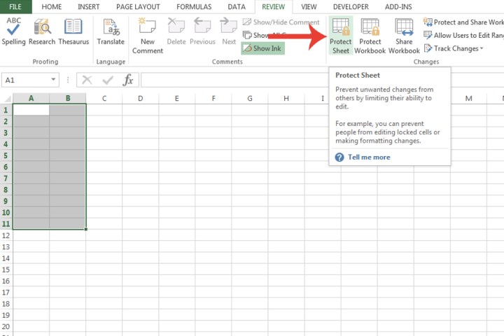 Le bouton Protéger la feuille dans Microsoft Excel utilisé pour confirmer le verrouillage des cellules.