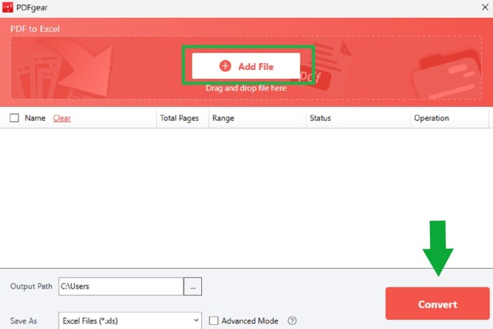 L'écran du convertisseur PDF vers Excel sur PDFgear.
