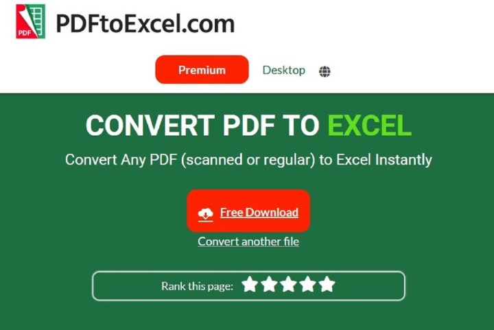 Sélection du bouton de téléchargement gratuit sur le site PDFtoExcel.com.