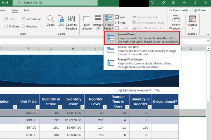 Capture d'écran Excel montrant les options du menu déroulant Geler les volets.