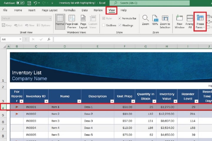 Capture d'écran Excel montrant quelle ligne sélectionner et le menu de l'onglet Affichage pour geler des lignes.