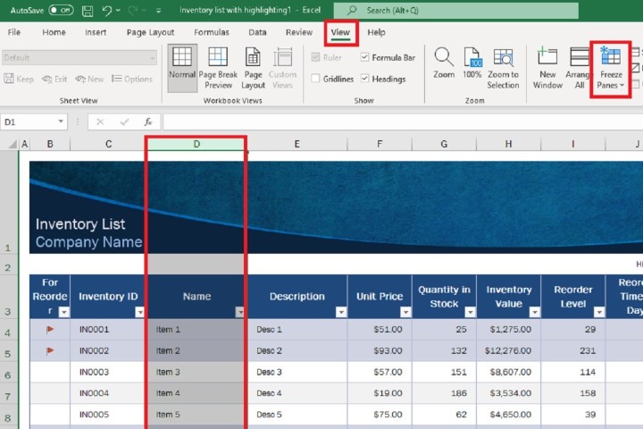 Capture d'écran Excel montrant la sélection de colonnes, l'onglet Affichage et l'option Geler les volets.