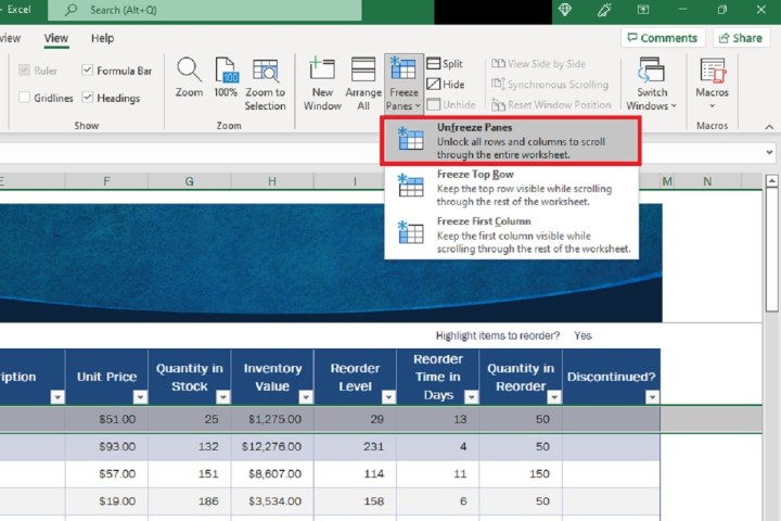 Capture d'écran Excel montrant l'option de menu Dégeler les volets.