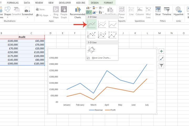 Le menu déroulant pour un type de graphique spécifique dans Microsoft Excel.