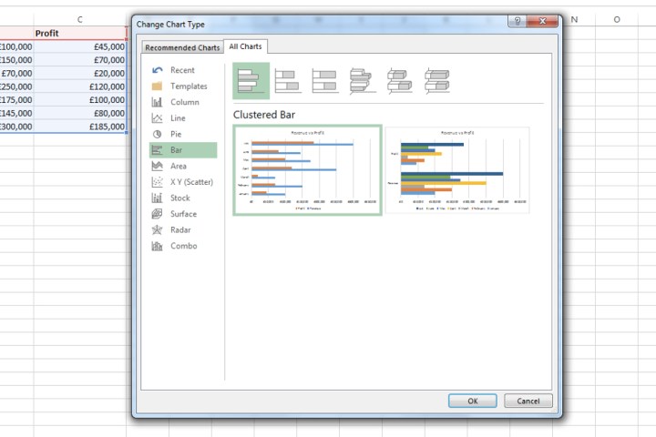 La fenêtre Tous les graphiques dans Microsoft Excel.