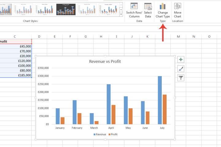 Le bouton Changer le type de graphique dans Microsoft Excel.