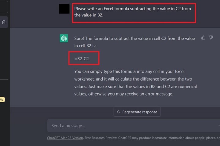 Demande de formule de soustraction Excel et réponse de ChatGPT.