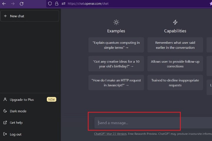 Écran Nouveau chat de l'interface web de ChatGPT.