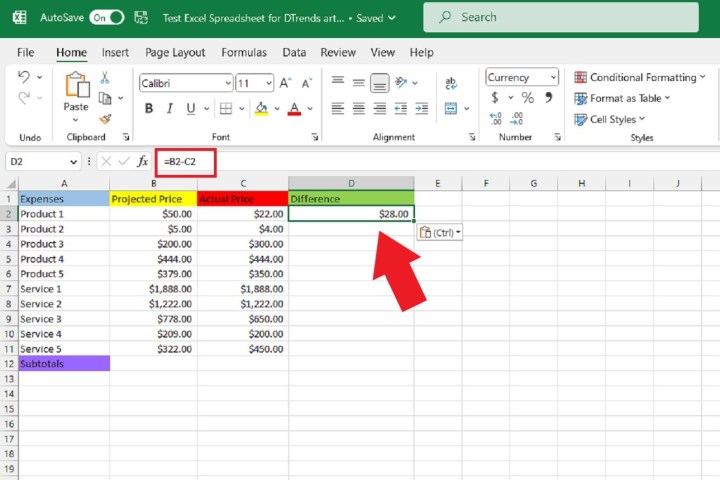 Première formule de soustraction dans la feuille de calcul Excel.