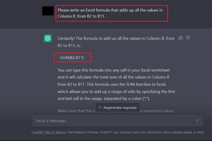 Demande de formule d'addition Excel et réponse de ChatGPT.