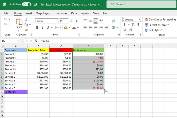 Remplissage des cellules restantes de la colonne Différences dans la feuille de calcul Excel.