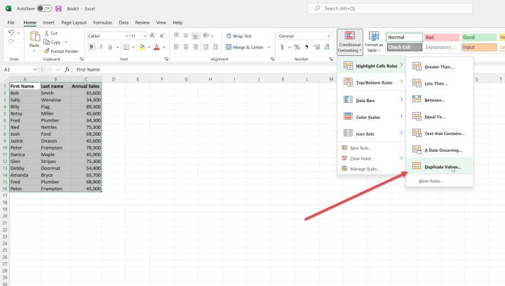 Sélection de la fonction des valeurs en double dans Microsoft Excel.