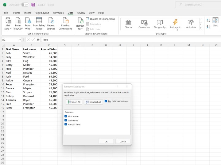 Options de suppression des doublons dans Microsoft Excel.