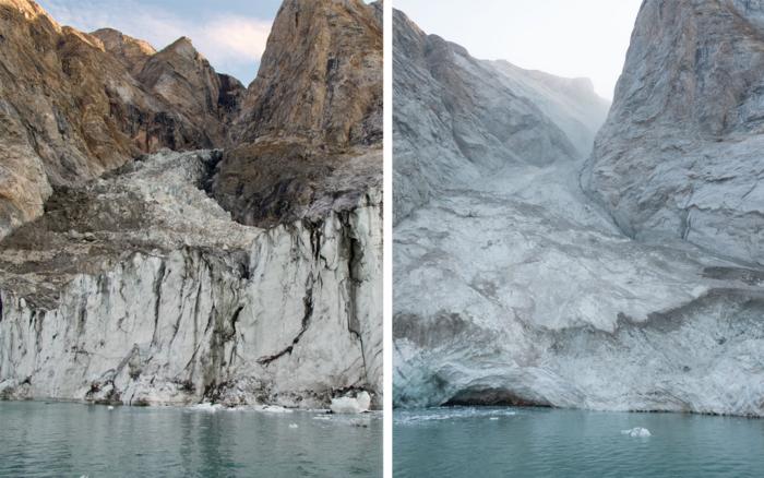 L'un des plus grands tsunamis enregistrés dans l'histoire récente a fait trembler la Terre pendant 9 jours 4 À gauche : photos avant (août 2023) et après (septembre 2023) du glacier, prises depuis le fjord. Crédit : Søren Rysgaard/ Armée danoise