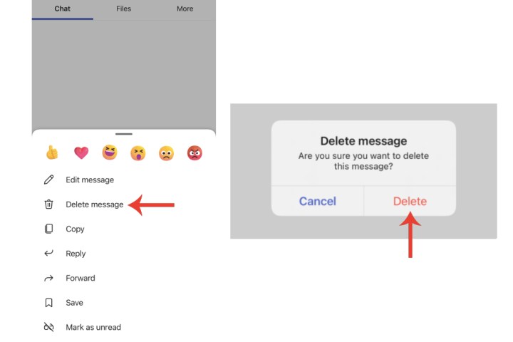Suppression de messages sur Microsoft Teams pour iPhone.