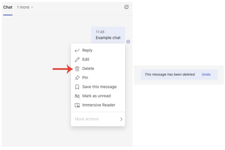 L'option Supprimer sur Microsoft Teams pour effacer des messages dans un chat.