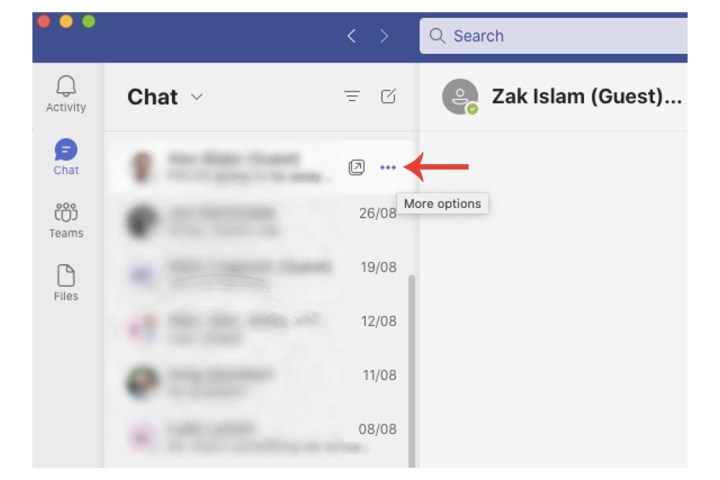 Les paramètres Plus d'options sur Microsoft Teams pour les conversations.