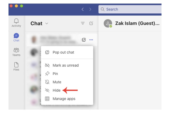 L'option Cacher pour masquer un chat de la barre latérale de Microsoft Teams.