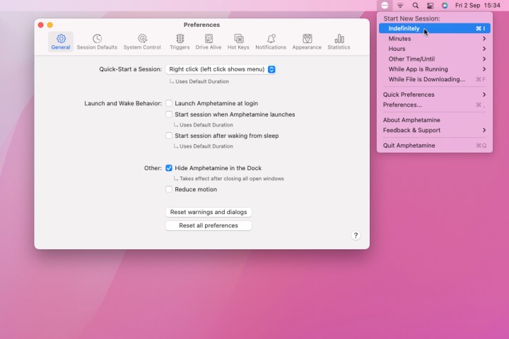 Comment garder Microsoft Teams actif 9 L'application Amphetamine pour Mac montrant ses éléments de barre de menu et la fenêtre de préférences.