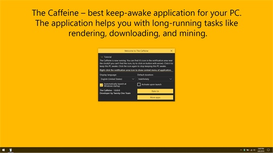 Comment garder Microsoft Teams actif 8 La page d'accueil de l'application Caffeine avec un fond jaune vif