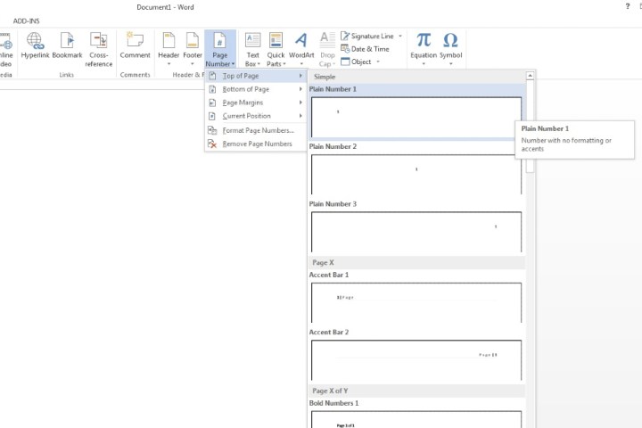 Le menu des numéros de page dans Microsoft Word.