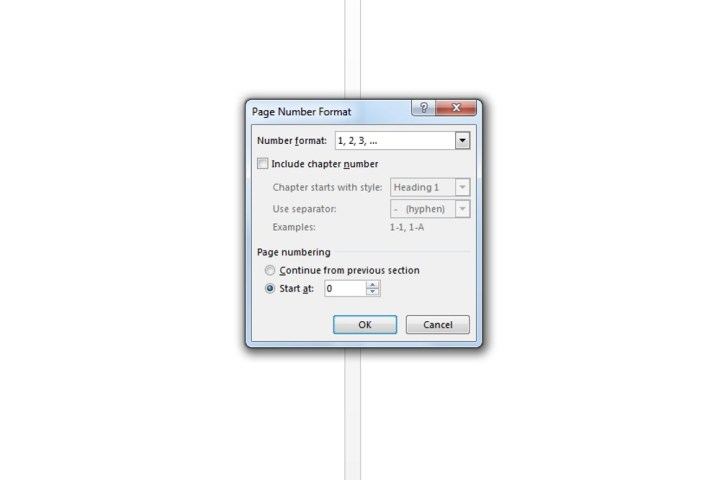 Définition de la valeur de la case Start at à 0 pour que la numérotation commence à la deuxième page dans Microsoft Word.