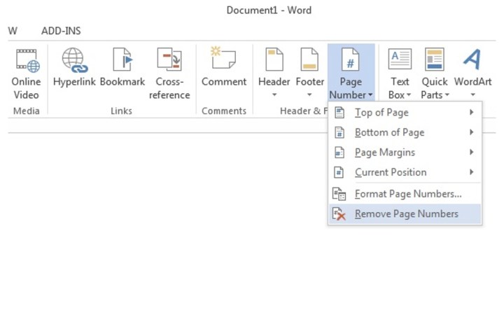 L'onglet pour retirer les numéros de page d'un document Word.