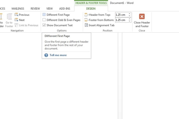 La case Different First Page dans Microsoft Word.