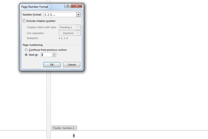 La case Start at dans le format des numéros de page dans Microsoft Word.
