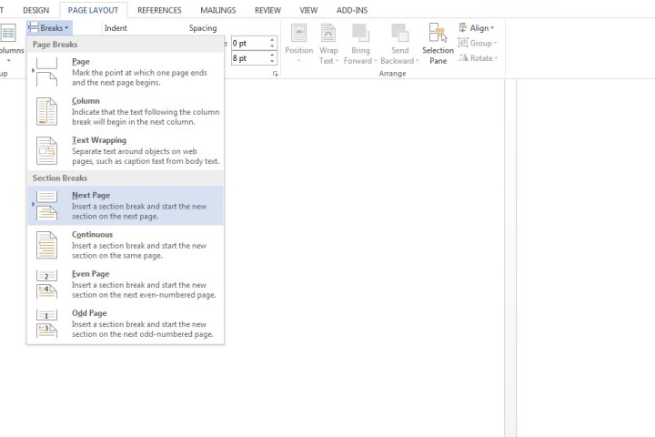 La case Next Page dans Breaks sur Microsoft Word.