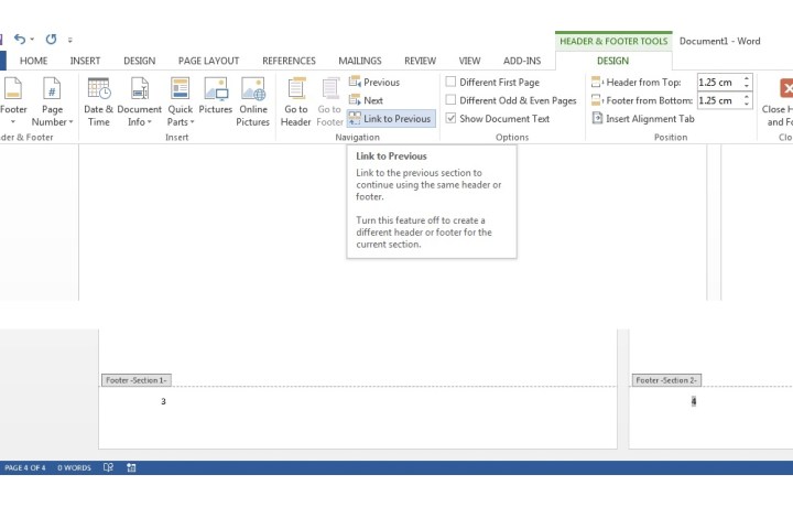 La case Link to Previous dans Microsoft Word.