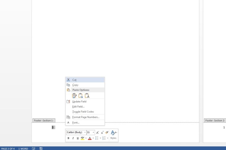 Suppression d'un numéro de page dans le pied de page de Microsoft Word.