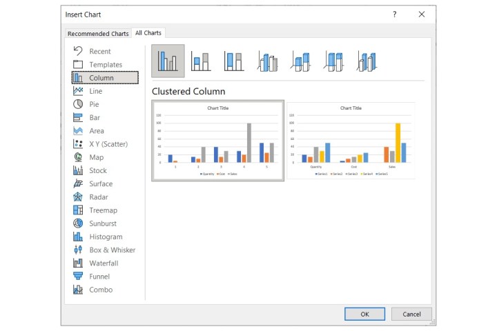 Types de graphiques disponibles dans Excel.