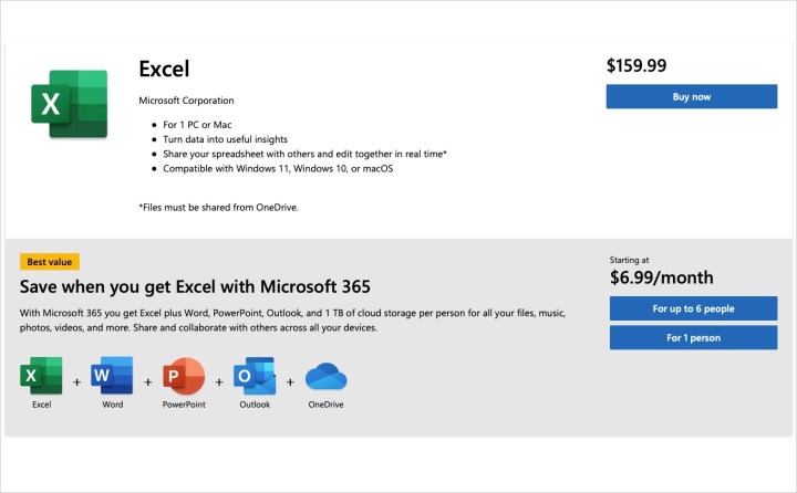 Coûts d'Excel et plans Microsoft 365.