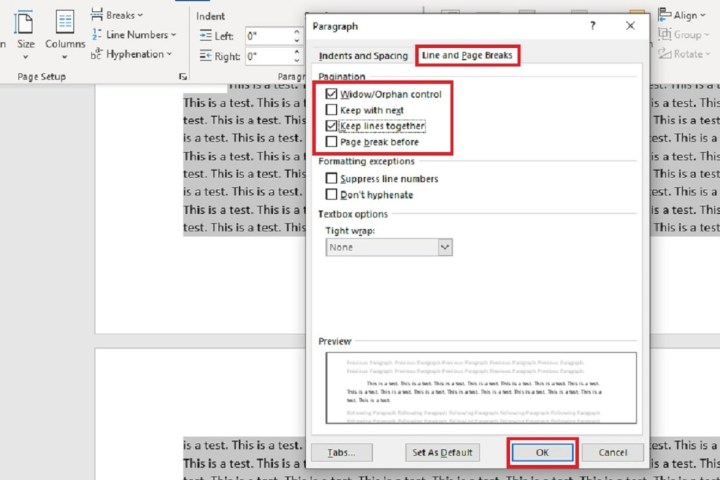comment supprimer une coupure de page dans word ms boîte de dialogue paragraphe pour ajuster capture d'écran