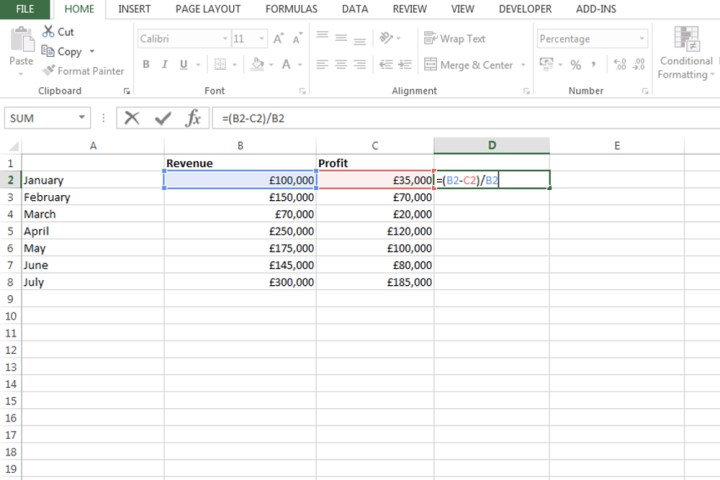 Entrée d'une formule pour calculer un pourcentage dans Excel.