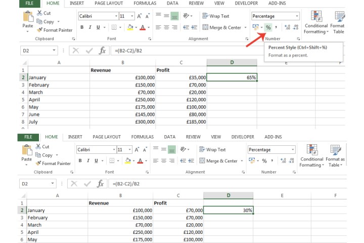 L'icône pourcentage surlignée dans Excel.