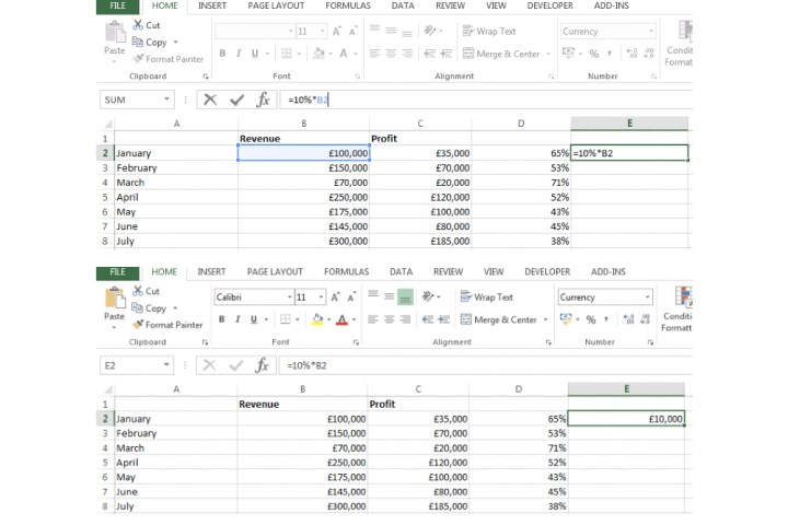 Saisie de la formule pour trouver un certain pourcentage de la valeur d'une cellule dans Excel.