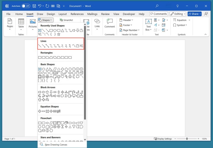 Comment insérer une ligne dans Word 4 Lignes dans le menu Formes de Word.