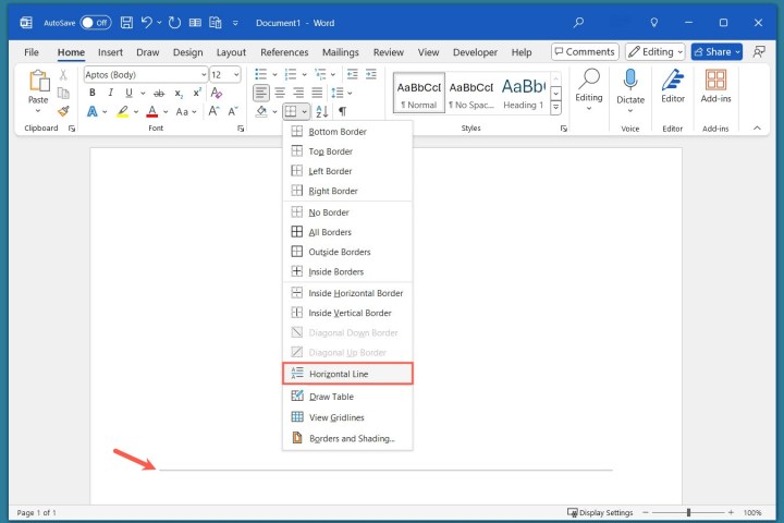 Comment insérer une ligne dans Word 8 Ligne horizontale dans le menu Bordures de Word