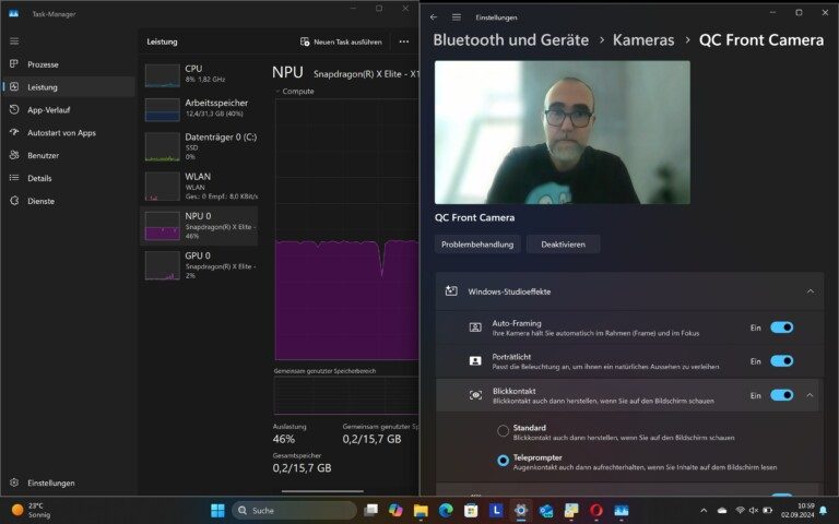 Toujours le contact visuel, toujours au centre de l'attention : Comment utiliser les effets de studio Windows pour ta webcam 6 La NPU est mise à contribution pour les fonctions IA. (Capture d'écran)