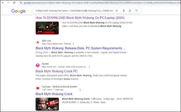 Les hackers utilisent des jeux piratés pour propager des logiciels malveillants 3 Résultats de recherche Google pour une version piratée ou craquée de Black Myth Wukong.