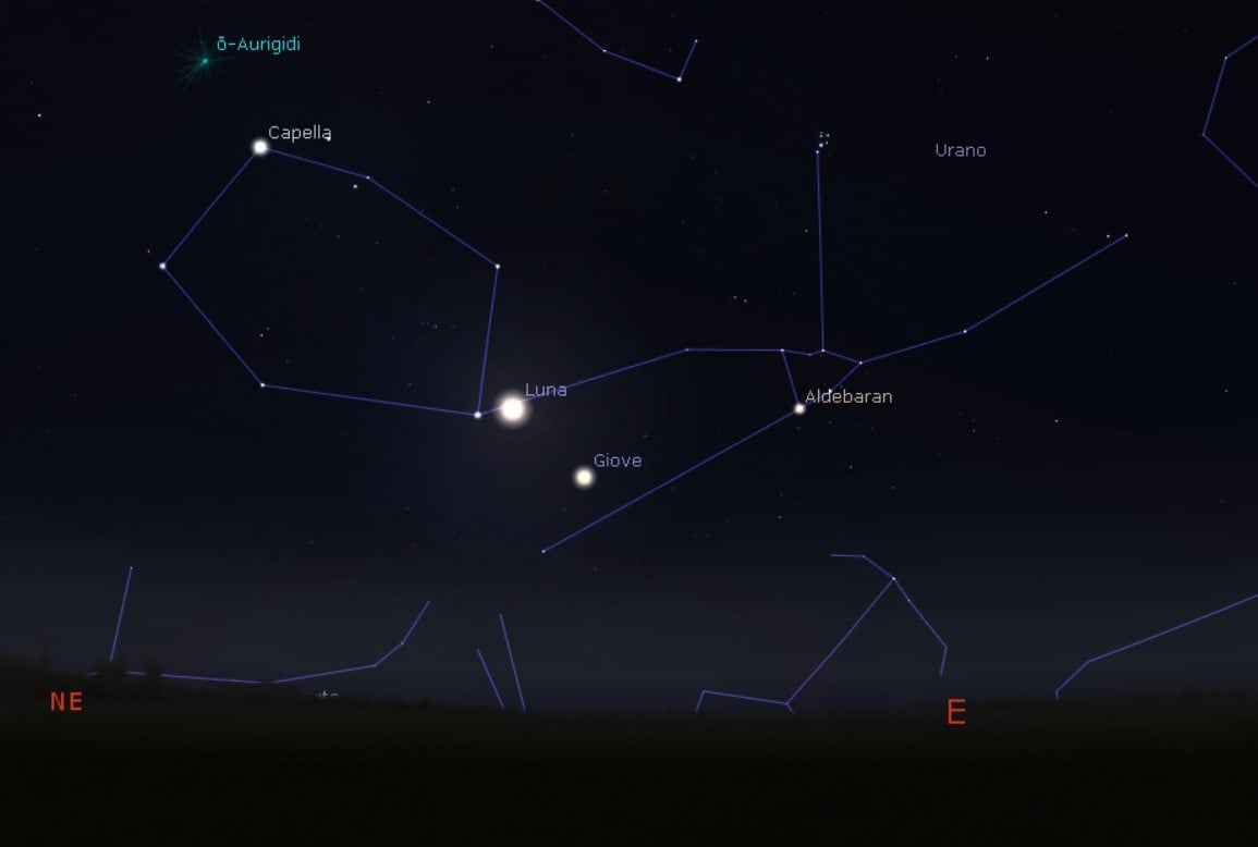Ce soir, la Lune embrasse Jupiter dans la constellation du Taureau : à quelle heure et comment voir la conjonction 2 Le ciel oriental dans la nuit du 23 au 24 septembre 2024. Crédit : Stellarium