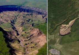 La Porte de l'Enfer, également connue sous le nom de cratère Batagaika et megaslump de Batagay : c'est un énorme gouffre causé par la fonte du permafrost situé en Sibérie / Crédit : NASA Earth Observatory