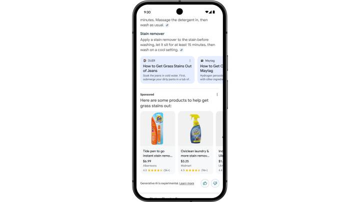 L'écran de l'Aperçu AI avec des publicités sur mobile.