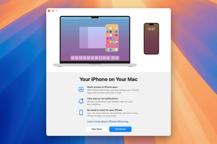 Comment utiliser la mise en miroir de l'iPhone sur votre Mac 3 The set-up screen for iPhone Mirroring in macOS Sequoia.