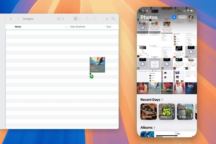 Comment utiliser la mise en miroir de l'iPhone sur votre Mac 6 iPhone Mirroring being used to move a file from an iPhone to a Mac running macOS Sequoia.