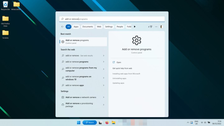 Recherche de Ajouter et supprimer des programmes dans Windows 11.