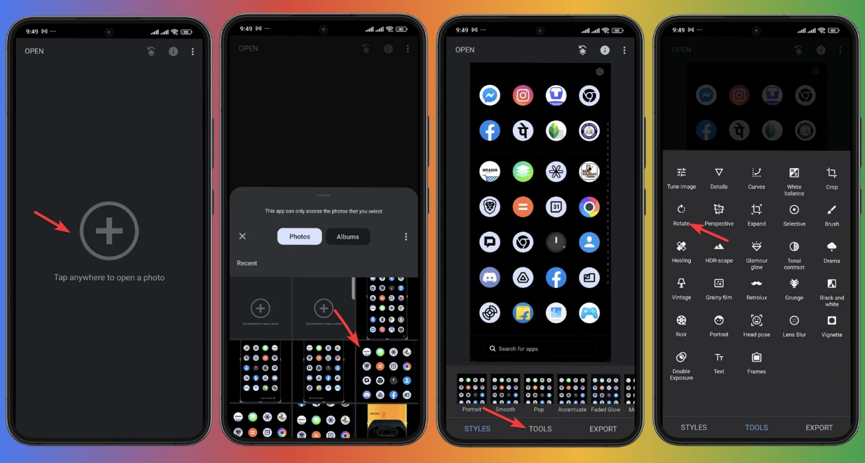 Comment pouvez-vous retourner ou inverser une image dans Google Photos 5 Retourner ou dupliquer une image dans Snapseed horizontalement