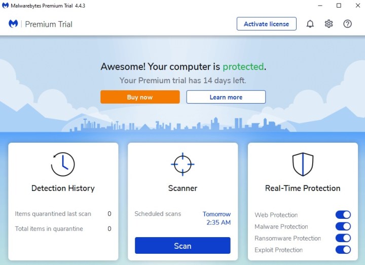 Le meilleur logiciel antivirus gratuit pour 2024 3 Capture d'écran de l'application Malwarebytes montrant la version gratuite avec un essai de 14 jours pour la version Premium.